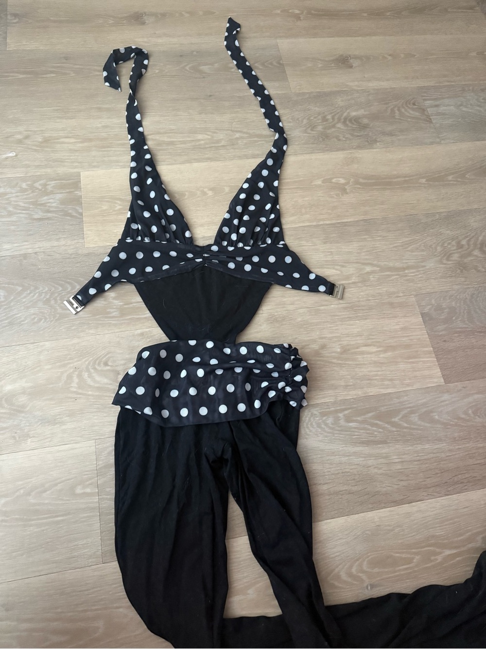 Black Polka Dot Women's Jumpsuit Romper with Tie Halter
